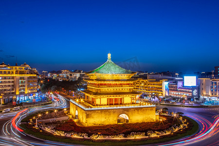 西安美食节摄影照片_西安夜景钟楼名胜古迹大气摄影图配图