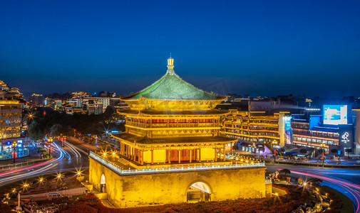 西安印象展架摄影照片_西安夜景钟楼环岛旅行摄影图配图