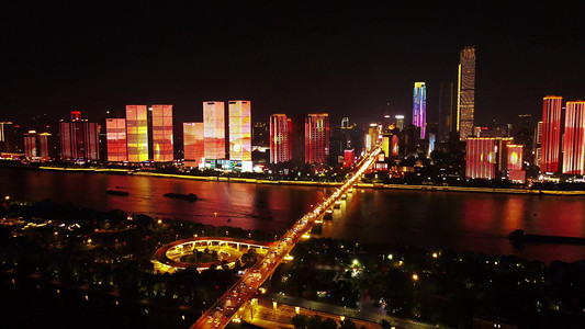 长沙滨江新城摄影照片_航拍湖南长沙橘子洲大桥五一大道夜景
