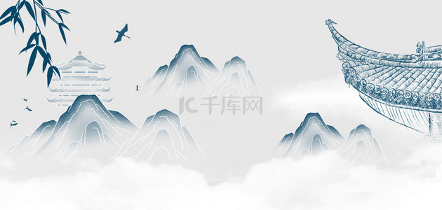 周年庆狂欢海报背景图片_国庆节山峰水墨蓝色