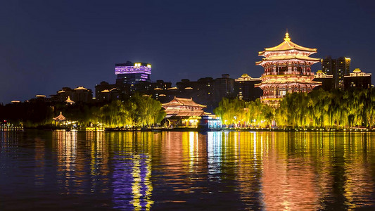 西安夜景摄影照片_西安热门景区大唐芙蓉园望春阁夜景