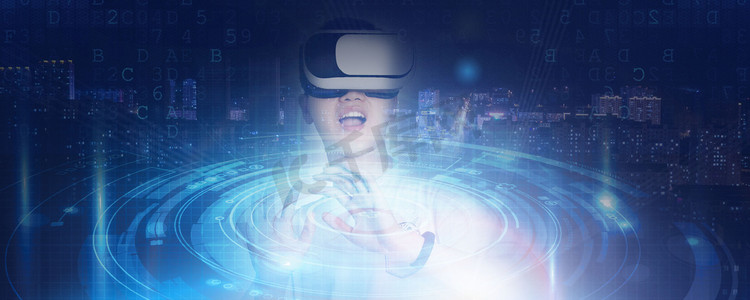 VR数字信息世界夜晚VR人像VR科技体验体验摄影图配图