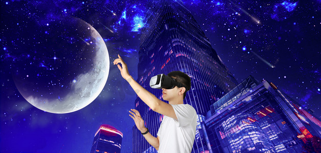 VR眼镜城市夜景夜晚VR人像城市夜景体检摄影图配图