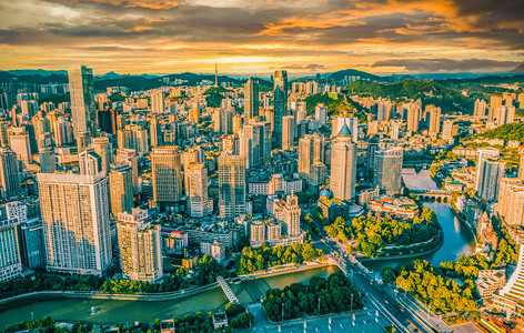 城市夕阳贵州贵阳城市建筑群航拍摄影图配图