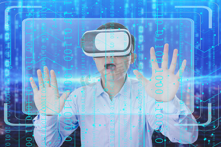 创意合成vr虚拟科技科技人像数字体验摄影图配图