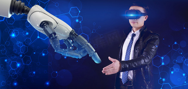vr虚拟技术摄影照片_VR虚拟机械手臂白天VR眼镜机械手臂科技握手摄影图配图
