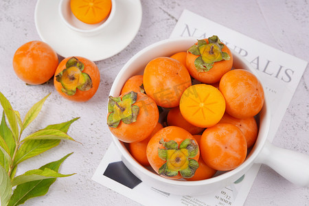 营养秋季水果食材甜柿子摄影图配图