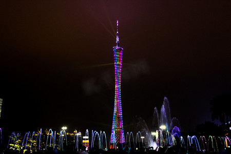 广州塔夜景音乐喷泉夜晚广州塔广场广州旅游摄影图配图