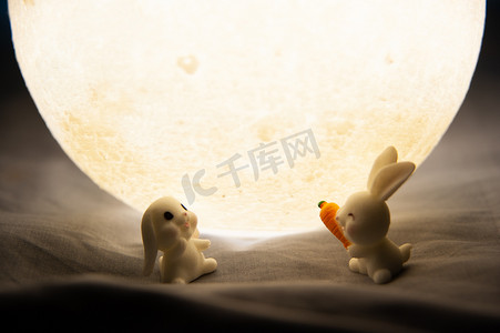 月亮玉兔摄影照片_中秋节夜晚月亮和玉兔在月亮下玩耍吃胡萝卜摄影图配图