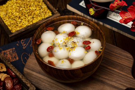 桂花食物摄影照片_汤圆美食元宵节丸子小吃厨房静物摆拍摄影图配图