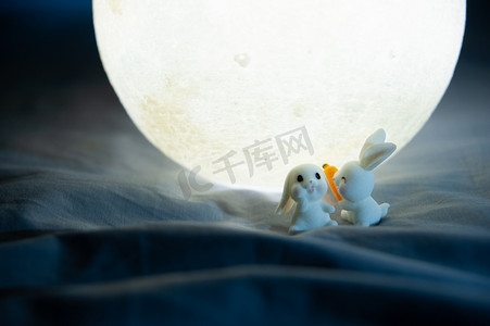 月亮玉兔摄影照片_中秋节夜晚月亮和玉兔在月亮下吃胡萝卜摄影图配图
