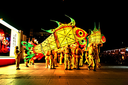 松鼠鲤鱼摄影照片_非物质文化夜晚鱼灯城市舞动摄影图配图