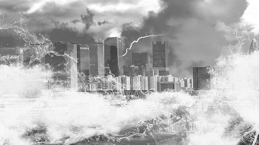 暗色鳖精摄影照片_海啸极端天气席卷城市白天海啸城市城市海啸摄影图配图