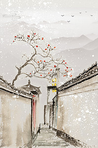 霜降背景图片_霜降雪花灰色古风村庄