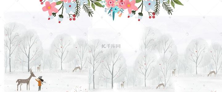 粉色背景树背景图片_欧式手绘水彩花卉鹿树林背景墙壁画