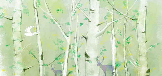 欧式抱枕背景背景图片_手绘树林北欧艺术背景墙装饰画