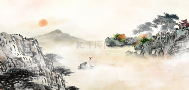 山水画创意背景图片_水墨山水棕色创意背景