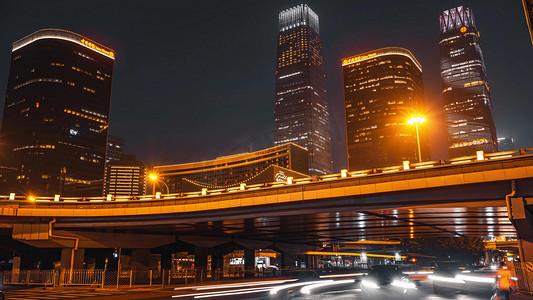 商务圈摄影照片_黑金北京CBD商圈城市车流夜景震撼