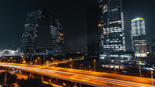 震撼黑金北京央视大楼核心区城市车流夜景