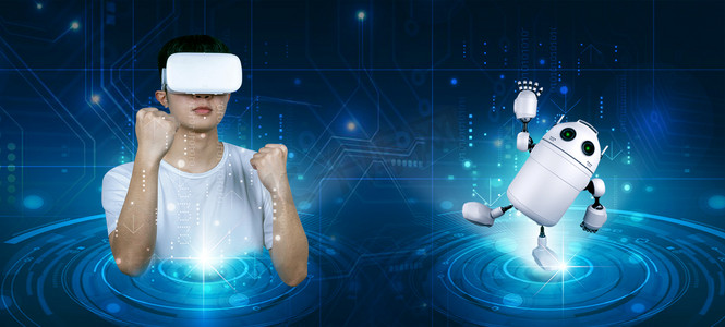 VR虚拟技术人机合作白天VR人像机器人体验摄影图配图