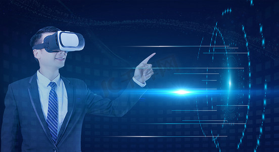 vr光效摄影照片_VR虚拟科技光效体验白天VR商务人士未来科技体验摄影图配图