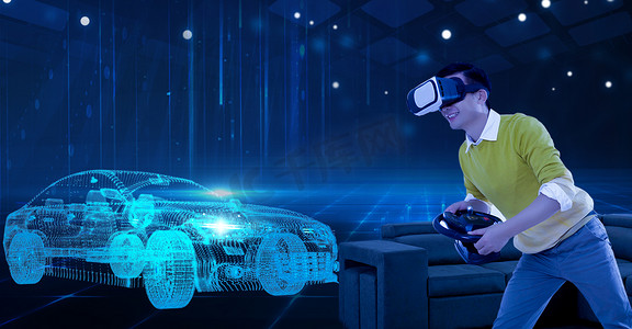 场景创意合成摄影照片_VR虚拟技术汽车科技白天VR人像汽车科技体验摄影图配图