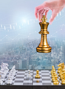 城市企业宣传摄影照片_企业文化金融博弈白天国际象棋城市股票下棋摄影图配图