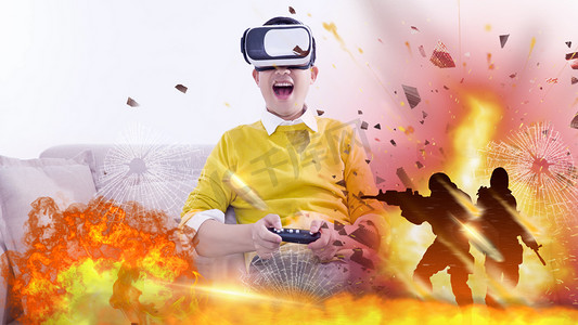 游戏电竞摄影照片_VR虚拟技术游戏体检白天VR人像客厅打游戏摄影图配图