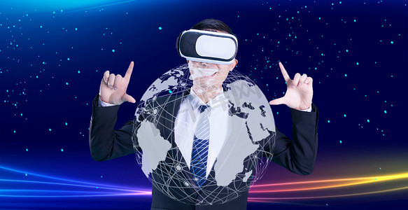 vr虚拟技术摄影照片_VR虚拟未来科技白天VR商务人士科技地球体检摄影图配图