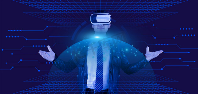 vr科技摄影照片_VR虚拟技术感受全球白天VR商务人物全球未来体检摄影图配图