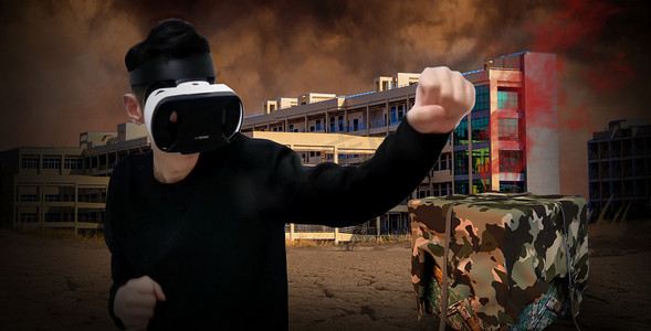 vr互动摄影照片_VR虚拟技术打拳场景白天VR人像游戏场景打拳摄影图配图