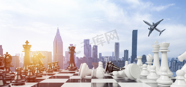 商务宣传摄影照片_企业文化国际象棋博弈商业白天国际象棋城市博弈摄影图配图
