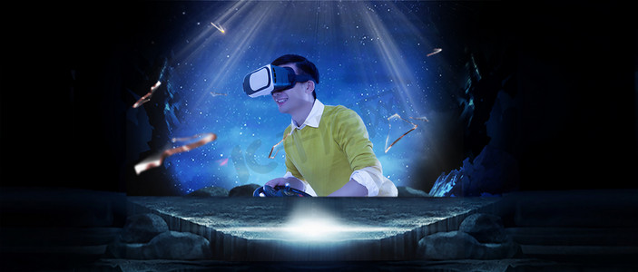 VR虚拟技术深海探险白天VR人像深海体检摄影图配图