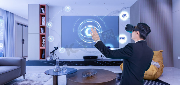 智能家居摄影照片_VR虚拟技术智能家居场景白天VR人像智能家居体检摄影图配图