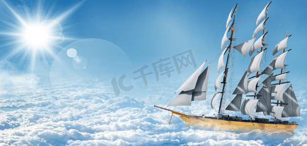 企业文化云海帆船前进白天帆船云海航行摄影图配图