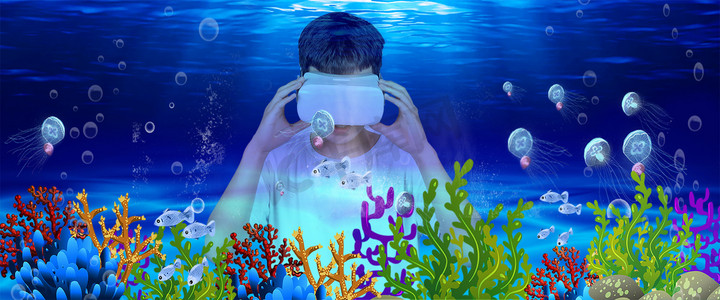 VR虚拟技术海底世界体检白天VR人像海底世界体检摄影图配图