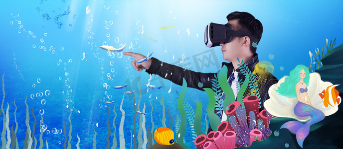 VR虚拟技术海底体检白天VR人像海底世界体检摄影图配图