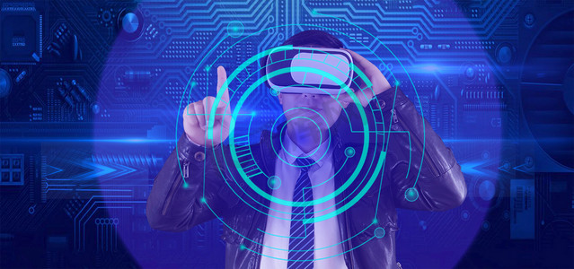 宇宙科技摄影照片_AR虚拟技术科技触碰白天VR商务人士未来科技触碰摄影图配图