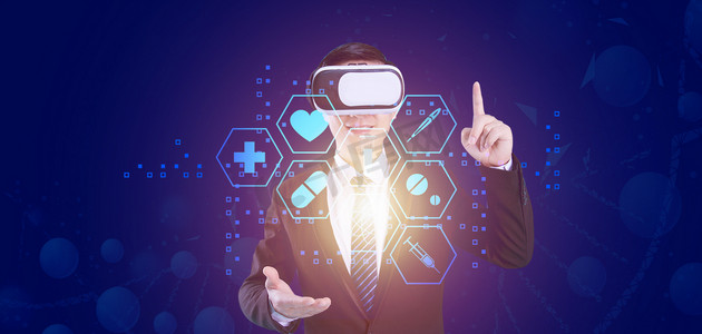 VR虚拟技术未来科技白天VR商务人士科技医疗体检摄影图配图