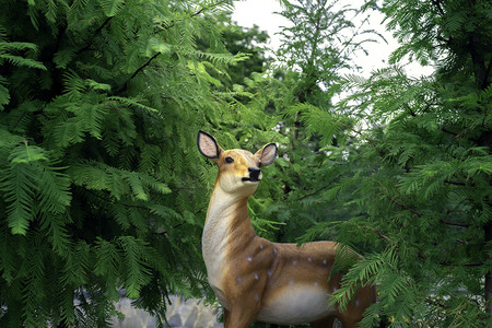 文艺摄影照片_秋天下午小鹿雕像公园丛林看风景摄影图配图