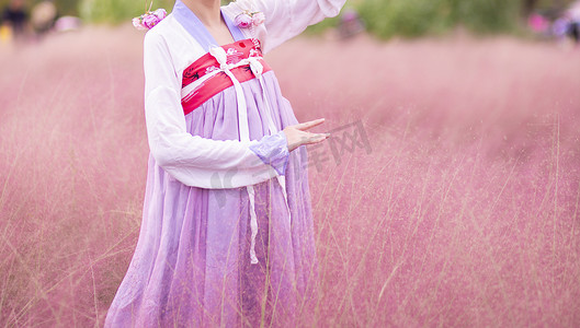 中国古风粉色摄影照片_粉黛乱子草里的女孩下午女孩田里无摄影图配图