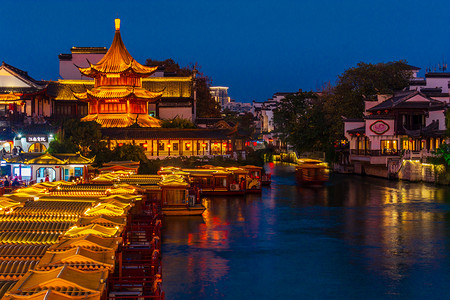 南京机场摄影照片_南京灯火辉煌的夫子庙秦淮河夜景摄影图配图