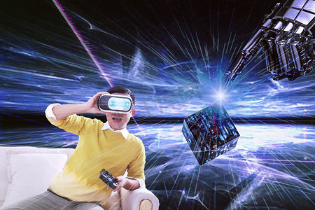 光效宇宙摄影照片_VR虚拟机械手体验摄影图科技人像
