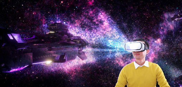 人像VR虚拟星空宇宙体验创意摄影图科技互联