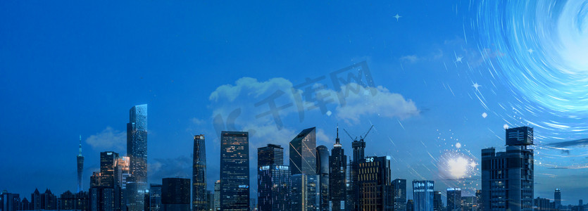 蓝色星空摄影照片_蓝天星空城市摄影图现代建筑