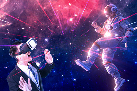 太空科技宇宙摄影照片_虚拟太空宇航员体验VR眼镜科技人像摄影图未来科技