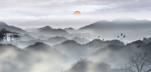 中式水墨山背景图片-中式水墨山背景素材图片-千库网