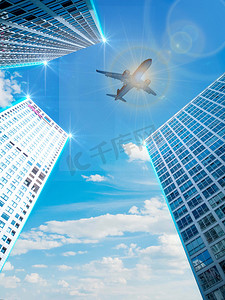 背景图科技蓝色摄影照片_城市建筑系列之建筑群体仰视图摄影图现代建筑