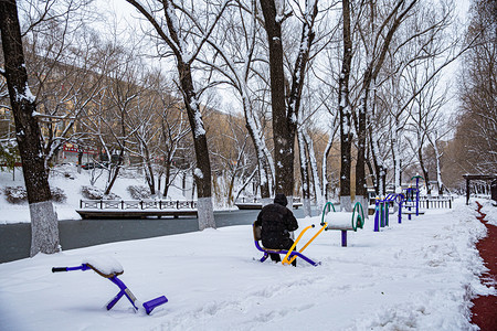 辽宁雪摄影照片_东北大雪立冬冬天背影老人雪天静坐背影摄影图配图