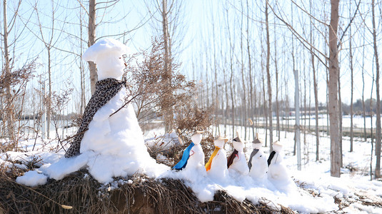 河北中午雪人堤坡堆雪人摄影图配图